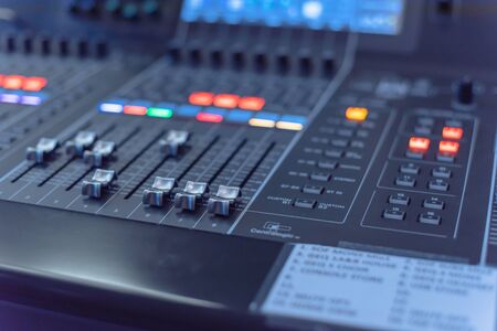 Close-up buttons equipment for sound mixer control. Mixer for musician DJ and sound engineers....