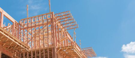 Panorama view low angle view of modern condominium building with large patio under construction near...