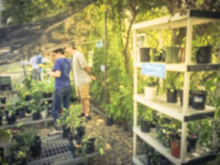 Motion blurred customers shopping for wide varieties of yard plants at plant sale event in Dallas, Texas, America. Garden with green house show and tourの写真素材
