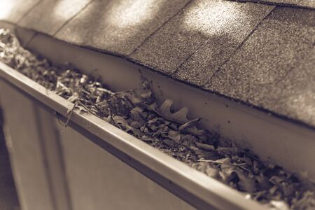 Vintage tone gutter near roof shingles of residential house full of dried leaves and dirty need to clean-up. Gutter cleaning and home maintenance conceptの写真素材