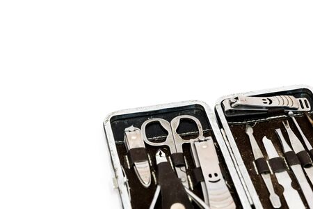 Close-up pedicure kit, nail clippers, professional grooming kit, nail tools with travel case...
