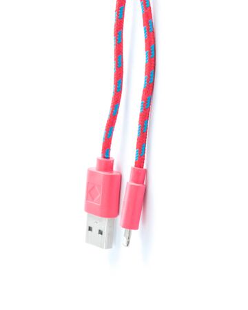 Red lightning to USB cable isolated on white background. Smartphone charging and data transfer wire...