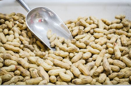 Roasted peanuts in plastic box with stainless steel scoop at farmer market in Puyallup Washington,...