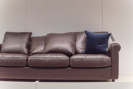 Trending sofa on display at furniture store showroom near Dallas, Texas, USA. Couches and armchairs with pillowsの写真素材