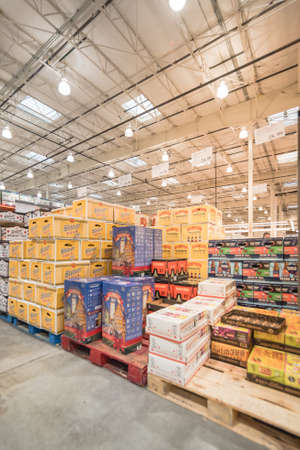 OCT 19, 2018-TEXAS, US: Imported beers on display in stack of large cardboard boxes at Costco...