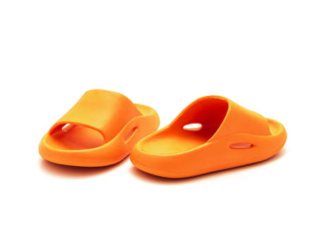 A pair of pillow slide sandals for toddler isolated on white background. Foam slippers for boys and girlsの写真素材