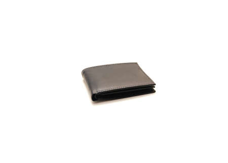 Top view brand new black leather wallets for men isolated on white background. Standard size slim bifold classic wallet.の写真素材