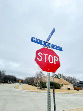 Residential street intersection with icy hanging from red Stop sign and residential houses in background during winter in North Texas, USA. Dangerous road conditions by severe weatherの写真素材