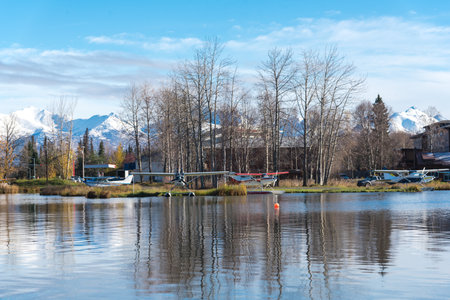 Seaplanes at the base on Lake Spenard with snow cap Chugach Mountain and row of dormant trees in early fall in Anchorage, Alaska. State-owned float airplane and the world busiest seaplane baseの写真素材