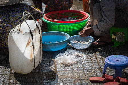 Rear view group of sellers processing scaling fishes from large plastic baskets and cans at wet market in Vung Tau, Vietnam. Unique seafood and fish market for local residents in Southern Viet Namの写真素材