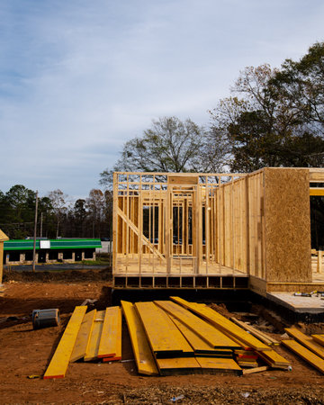 Stack of lumbers in front of timber frame house with post, beam, OSB (Oriented Strand Board) plywood...