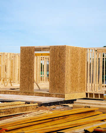 Stack of lumbers in front of timber frame house with post, beam, OSB (Oriented Strand Board) plywood...