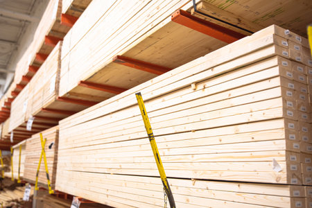 Lumber shelves with chain link preventing warehouse rack collapse full of pine lumber straighter...
