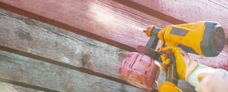 Panorama view stain gun in man hand with gloves work shirt repainting pergola timer wood outdoor structure in redwood color, residential house renovation remodel DYI in Dallas, Texas, US. Red Cedarの写真素材