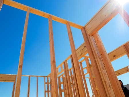 Framing of exterior, interior walls on traditional timber house new build construction, joints,...