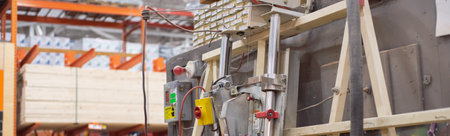 Panorama lumber yard at home improvement store with industrial grade vertical panel saw, Dallas, Texas, plywood cutting machine, integrated dust collection vacuum, roller bearing, safety shutdown. USAの写真素材