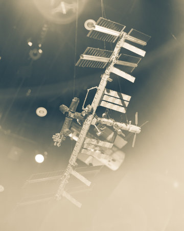Close-up International Space Station model integrated truss structure, servicing system, external...