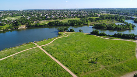 Aerial view South of Brookside neighborhood near Austin, W Parmer Ln, upscale suburban homes, 90-acre Brushy Creek Lake Park, nature trails, Cedar Park, Round Rock of Williamson and Travis County. USAの写真素材