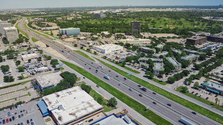 Busy traffic on Stemmons Freeway or Interstate Highway I-35E in Love Field Northwest Dallas, group...