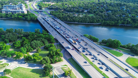 Coming traffic from South to North Central Austin during rush hours over Interstate Highway 35...