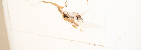 Panorama view measurement marking line on broken drywall boards flat panel made from gypsum plaster...