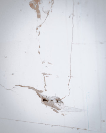 Measurement and marking line on broken drywall boards flat panel made from gypsum plaster and thick paper at garage of residential house in Dallas, Texas, surface defects need patch, repair DIY. USAの写真素材