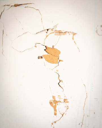 Broken drywall boards flat panel made from gypsum plaster sandwiched between two sheets of thick paper at garage of residential house in Dallas, Texas, surface defects need patch and repair DIY. USAの写真素材