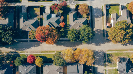 Suburban houses backyard with trampoline, swimming pool, colorful fall foliage leaves in upscale residential area, Coppell, suburbs Dallas Fort Worth metroplex, fast growing housing market, aerial. USの写真素材