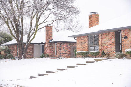 Snow covered front steps and yard leading to shingle roofs and trees of suburban single-family...