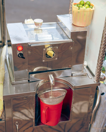 Fine filter inclined slag discharge port for sugar cane juicer and feeder of electric juicer extractor at street food drink vendor, Can Tho, Vietnam, stainless steel press roller center shaft. Asiaの写真素材