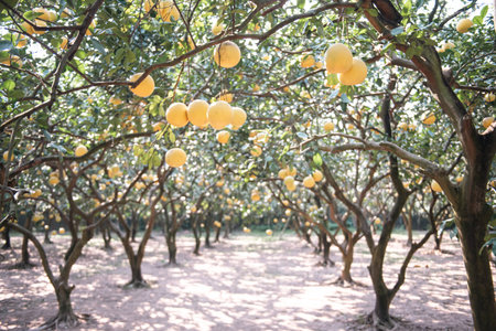 Sunlight over row of abundant grapefruit trees load of ripe yellow pomelos ready to harvest in Hanoi, hanging Dien citrus heirloom grapefruit fruits homegrown backyard organic farming garden. Vietnamの写真素材