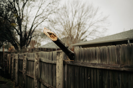 Fallen maple tree branch broken wooden fence along side yard of residential house in North Texas,...