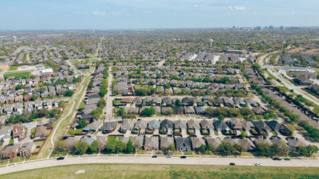 North Texas fast growing area with downtown Plano skyline in background, vacant land to grow near Worley and Memorial Drive in suburban residential neighborhood, The Colony, Denton County, aerial. USAの写真素材