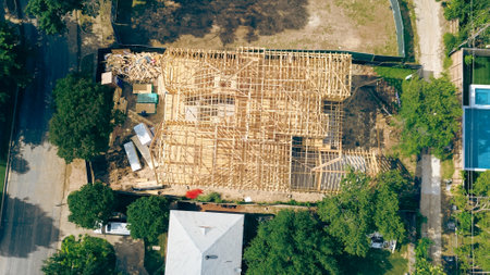 Construction debris and building supplies packaging, contractor at timber framing mansion houses in wealthy neighborhood Walnut Hill in Dallas, luxury and well-maintained homes, pools, Texas. USAの写真素材