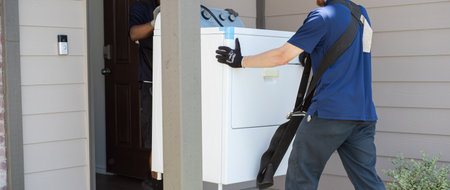 Panorama view doorstep of new construction home in Princeton, Texas with two mover technicians using heavy-duty lifting straps carry large appliance dryer. They wear gloves and safety gears. USAの写真素材