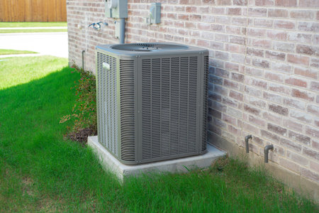 Small landscaping shrub, grassy yard and central air conditioning condenser unit mounted on concrete slab beside brick house wall, utility meters and electrical disconnect, suburbs Dallas, Texas. USAの写真素材
