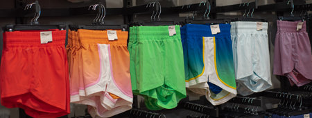 Panorama view sporty retail setup features an eye-catching selection of young teen female vibrant athletic stride shorts in orange, blue, green, red. Stylish cuts, bright tones fashion-forward. USAの写真素材