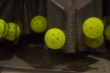 Black mesh bags with bright yellow pickleball balls and paddles on display at sport retailer in Lewisville, Texas, sport-specific gear equipment with breathable storage for organized court play. USAの写真素材