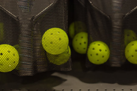 Close-up yellow perforated pickleball balls and matching paddles are stored together in breathable mesh bags, highlighting a complete gear combo for recreational court play in Lewisville, Texas. USAの写真素材