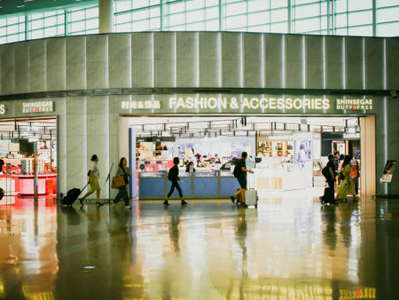 INCHEON, SEOUL-AUG 4, 2025: Passengers with carryon walking Shinsegae Duty Free fashion store at Incheon Airport featuring GUCCI, MCM, and Longines. Travelers with luggage pass by luxury display. KRの写真素材