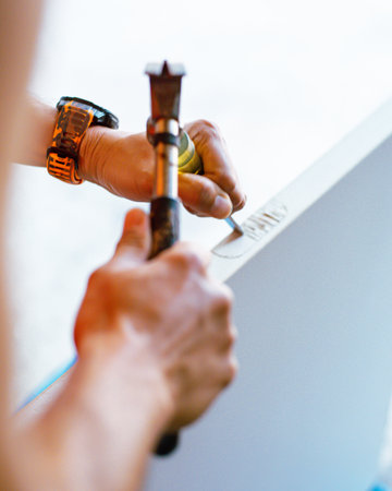 Claw hammer in Asian handyman hand with smart sport watch, craftsman chisels a white door slab mortise hinge, blending traditional hand tools with modern wearable tech hands-on repair moment. USAの写真素材