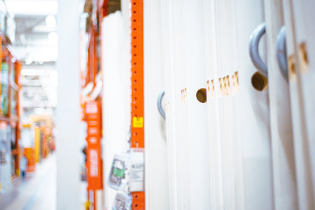 Close-up of pre-drilled lockset holes on stacked hollow core interior doors. Blurry hardware store...