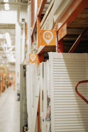 Vertical stacks of doors and panels with Bay number and blurred view of the high industrial ceiling. The image captures scale, lighting, and retail atmosphere at hardware home improvement store. USAの写真素材