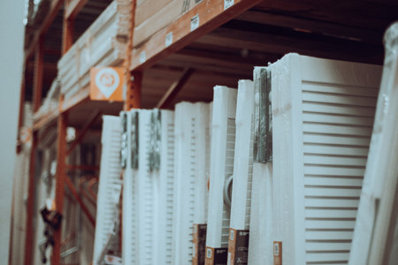 Vertical display of white shutters and panels at hardware store aisle in Dallas, Texas. Multi-tiered orange and red metal racks show organized bulk inventory for DIY and renovation projects. USAの写真素材