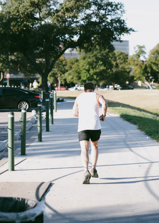 Senior runner in white shirt, black shorts resume running along Trinity River Trail in Fort Worth...
