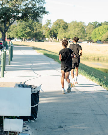 Two teen runners, male and female, pass a water station on Trinity River Trail in Fort Worth. Their athletic gear and synchronized stride reflect community race participation and trail engagement. USAの写真素材