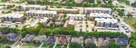 Panorama aerial view three-layer dense housing layers in Highland Village, Texas with upscale homes...