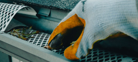 Panorama view handyman wearing gloves inspects and clears debris from white metal gutter guard on...