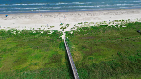 dense coastal vegetation and elevated wooden boardwalk cross South Beach in Galveston, Texas, offering ADA-compliant sandy shoreline access while preserving fragile dune ecosystems activities. USAの写真素材