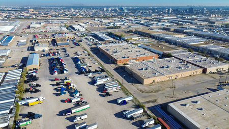 Clusters of utility vehicles and service trucks parked near warehouses in Dallas, Texas. These...